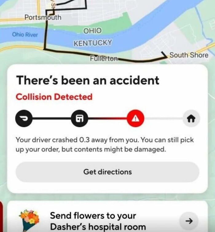 Delivery app map showing accident notification with collision detected and option to send flowers to driver in dystopia context.