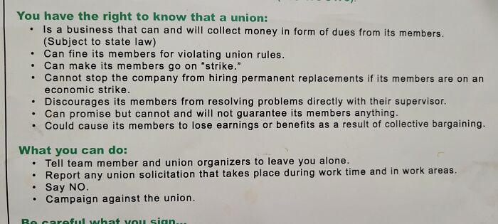 Union rules and rights explanation on a printed sheet highlighting labor issues in a dystopia context.
