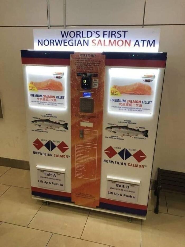 Vending machine selling premium Norwegian salmon fillets illustrating dystopia with unusual everyday technology.