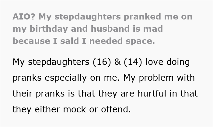 Text excerpt about stepdaughters&rsquo; gift pushing a woman to her limits and a viral conversation with her husband displayed on a grey and white background.