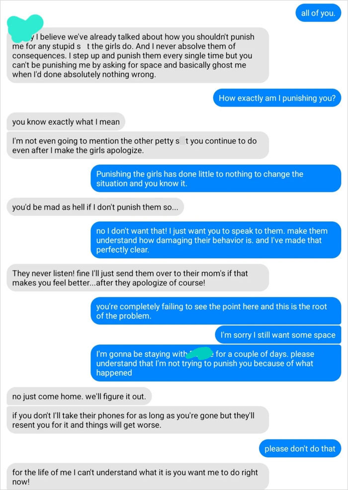 Text message exchange showing a tense conversation about stepdaughters&rsquo; gift causing conflict between a woman and her husband.