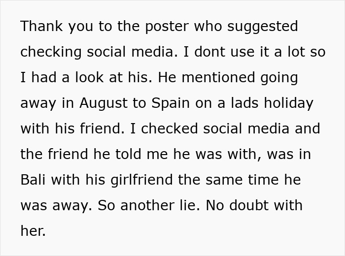 Text on screen showing a woman uncovering her casual boyfriend&rsquo;s lie through social media in a situationship.