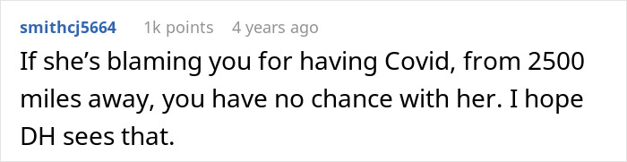 Comment about husband parents coming honeymoon surprise, discussing long-distance Covid blame and relationship challenges.