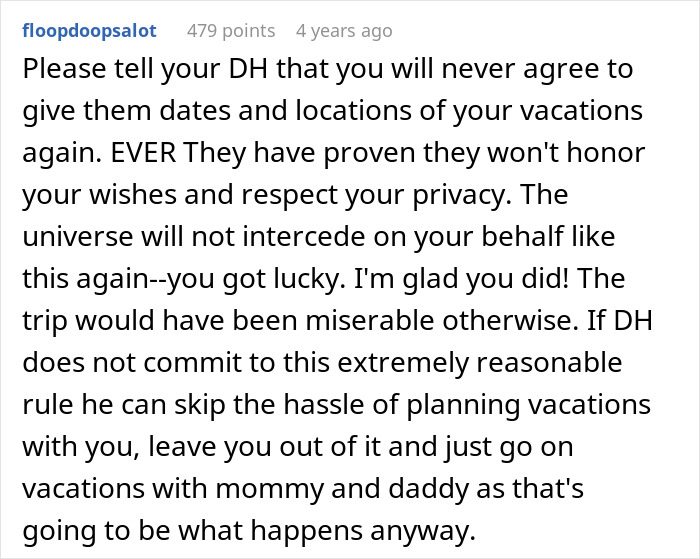 Text post about setting boundaries with husband&rsquo;s parents regarding honeymoon surprise and privacy during vacations.