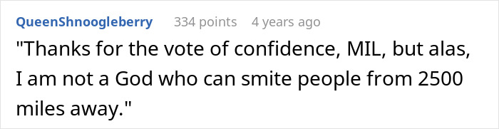 Comment about husband parents coming honeymoon surprise shared in an online discussion with user name and points visible.