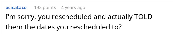 Text conversation screenshot showing a user questioning if someone rescheduled and informed husband parents coming honeymoon surprise dates.
