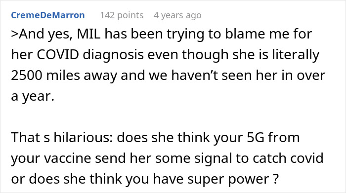 Text conversation about mother-in-law blaming husband for COVID diagnosis despite distance, causing honeymoon surprise tension.