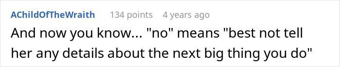 Reddit comment explaining that saying no means not telling wife details about husband&rsquo;s parents coming honeymoon surprise.