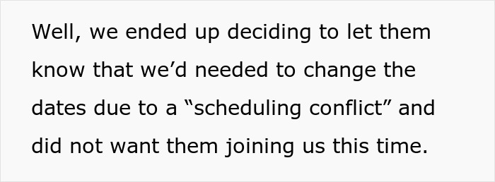Text showing a message about changing dates due to a scheduling conflict to avoid husband parents coming honeymoon surprise.