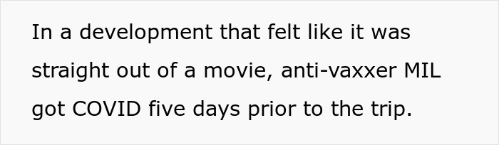 Text snippet discussing anti-vaxxer MIL contracting COVID before husband parents coming honeymoon surprise trip.