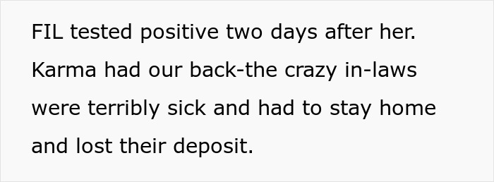 Text excerpt describing in-laws getting sick and losing their deposit, related to husband parents coming honeymoon surprise.