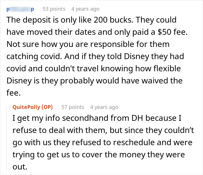 Text conversation discussing husband&rsquo;s parents coming on honeymoon surprise and travel rescheduling issues due to covid fees.