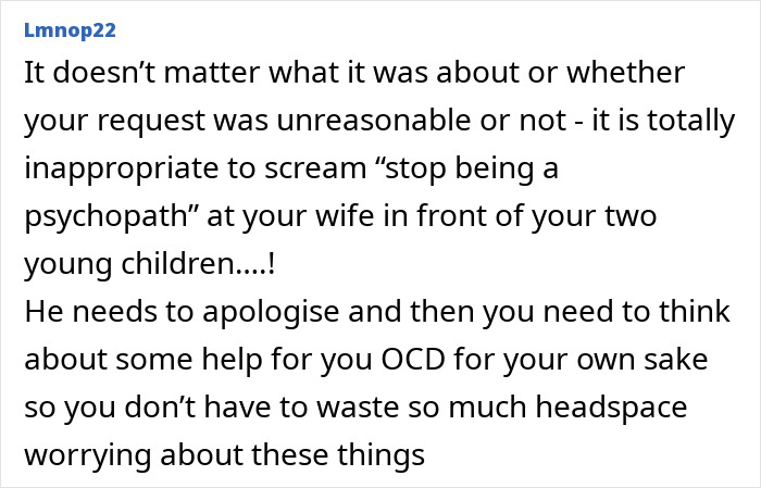 Comment highlighting a family argument involving OCD-like hygiene anxiety and a husband calling his wife a psychopath in front of kids.