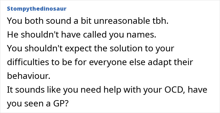 Comment discussing a mom with OCD-like hygiene anxiety causing family conflict and her husband calling her a psychopath.