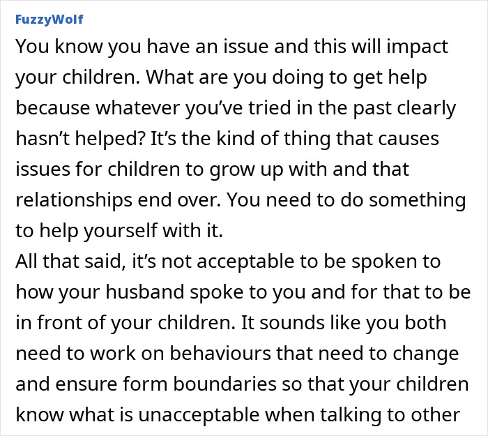 Comment discussing mom with OCD-like hygiene anxiety impacting family and husband&rsquo;s harsh words in front of kids.