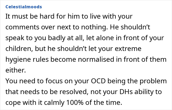 Screenshot of a forum comment discussing hygiene anxiety and OCD triggers in family conflicts involving children.