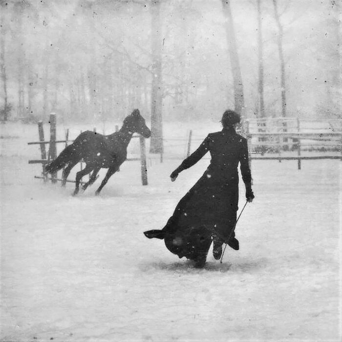 Victorian era scene showing a person in long coat guiding a horse through a snowy outdoor area with trees and fencing.