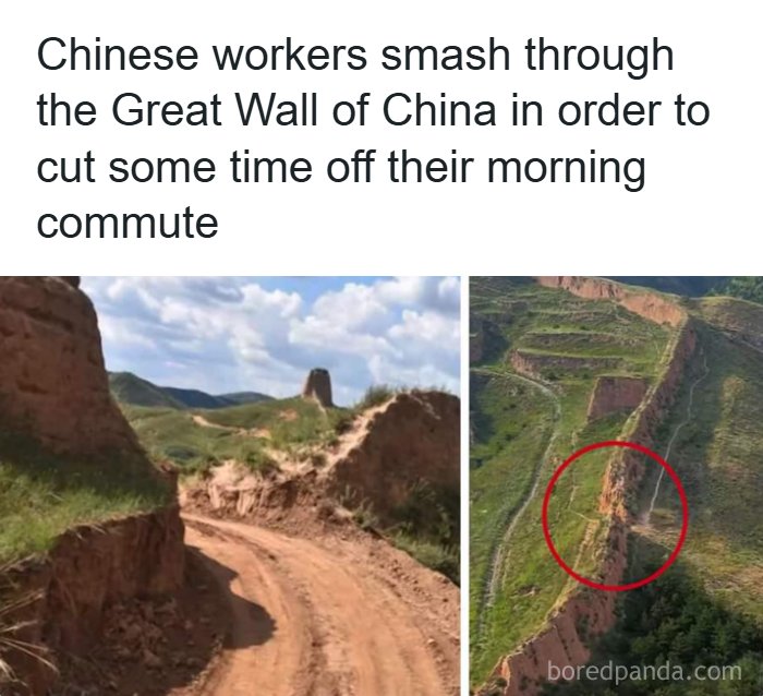 Desire paths visible as worn shortcuts cutting through the Great Wall of China showing real walking routes versus city planning.