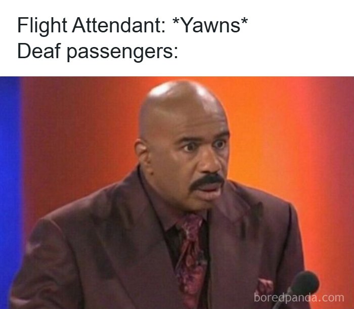 Man in suit looking shocked and confused in a funny meme about flight attendants and deaf passengers randomness.