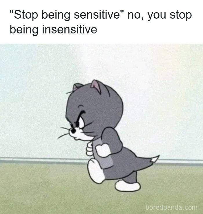 Angry cartoon cat walking away with caption about sensitivity, highlighting humor as a coping mechanism.