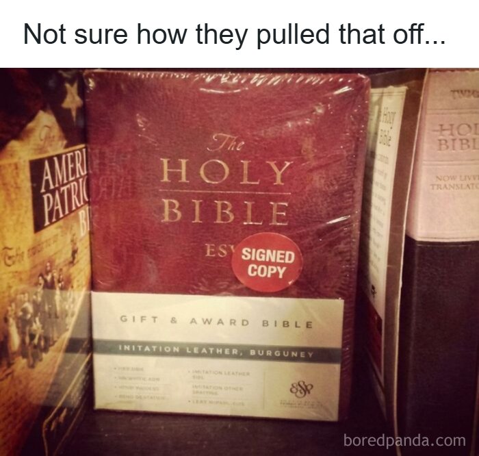 Red Holy Bible with a signed copy sticker on a bookshelf, part of funny memes that might crack you up with randomness.