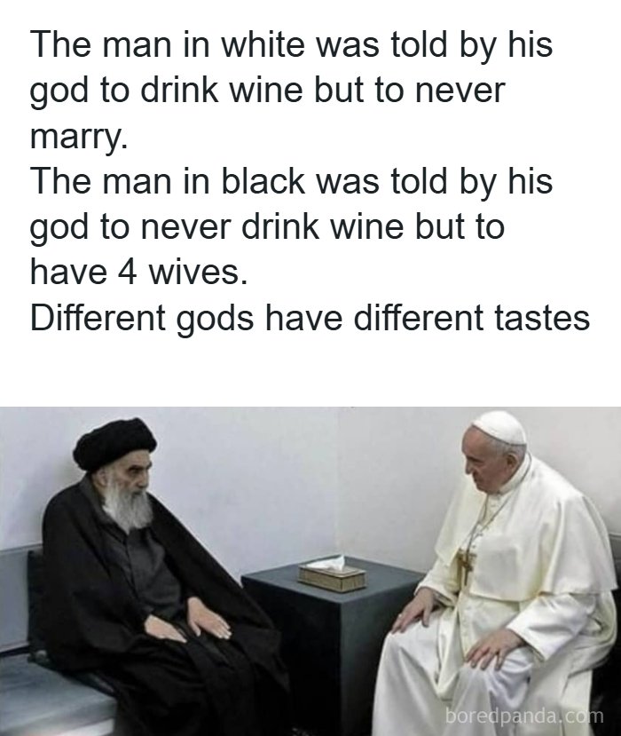Two religious men, one in white and one in black, seated and discussing contrasting divine instructions with dark humor.