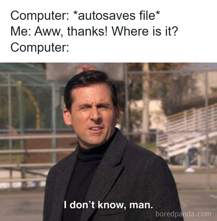 Man squinting and confused outdoors, illustrating the randomness of funny memes about computers autosaving files.