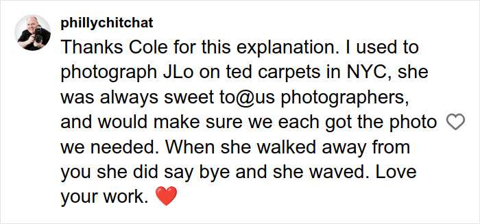 Alt text: Comment explaining Jennifer Lopez&rsquo;s polite behavior to photographers amid GlamBOT King viral interaction at Golden Globes.
