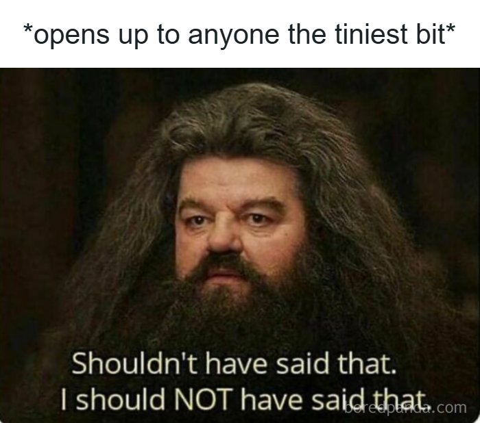 Man with wild hair and beard looking regretful, caption humorously showing coping mechanism through funny posts.