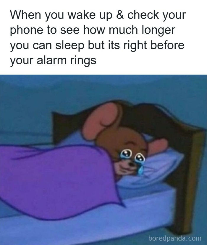 Cartoon mouse lying in bed crying, illustrating humor as a coping mechanism in a relatable, funny meme post.