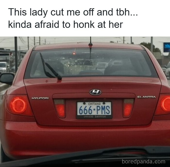 Red Hyundai Elantra with license plate 666 PMS on a busy road, part of funny memes featuring random humor about driving.