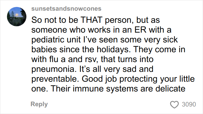 Screenshot of a social media comment emphasizing the importance of protecting babies from illness, related to grandma not kissing baby.