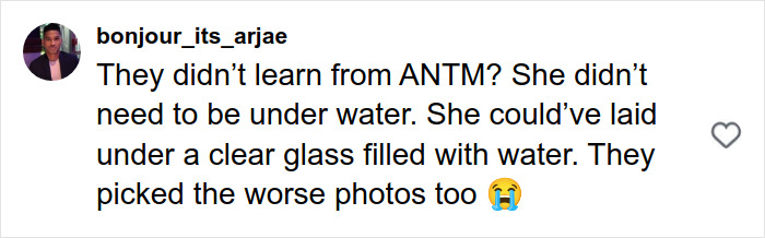 User comment criticizing Margot Robbie's underwater cover shoot, suggesting better photo choices and alternate water effects. User comment criticizing Margot Robbie's underwater cover shoot, suggesting better photo choices and alternate water effects.