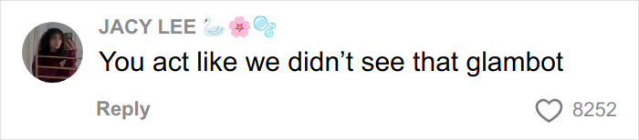 Comment by Jacy Lee on social media, mentioning GlamBOT during a viral interaction at the Golden Globes.