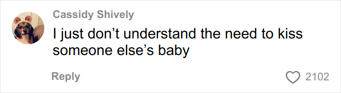 Comment on social media expressing confusion about the need to kiss someone else’s baby in a viral gentle reminder post. Comment on social media expressing confusion about the need to kiss someone else’s baby in a viral gentle reminder post.
