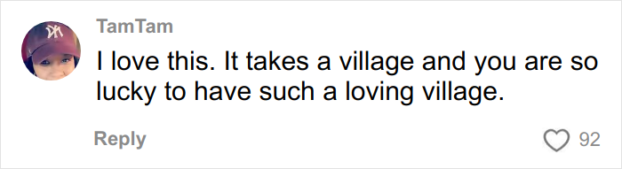 Comment from TamTam about appreciating a loving village, related to a woman sharing why she has 7 parents. Comment from TamTam about appreciating a loving village, related to a woman sharing why she has 7 parents.