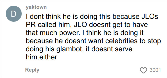 Comment from user yakdown discussing GlamBOT King&rsquo;s reaction after viral interaction with Jennifer Lopez at Golden Globes event.