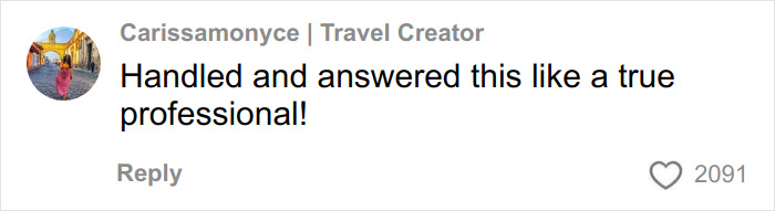 Comment from travel creator Carissamonyce praising professionalism, related to GlamBOT King viral interaction at Golden Globes.