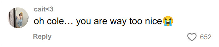 Comment on social media reading oh cole you are way too nice with a crying emoji, about GlamBOT King viral interaction at Golden Globes.