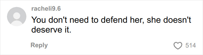 Comment from user racheli9.6 stating she doesn't deserve a defense, related to GlamBOT King breaking silence after viral Jennifer Lopez interaction.