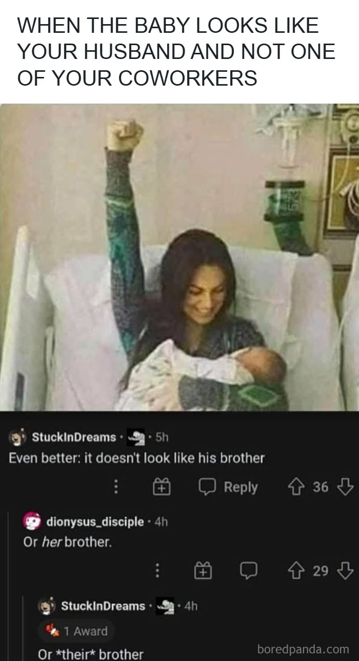 Woman in hospital bed holding baby with raised fist, illustrating dark humor memes about family resemblance and coworkers.