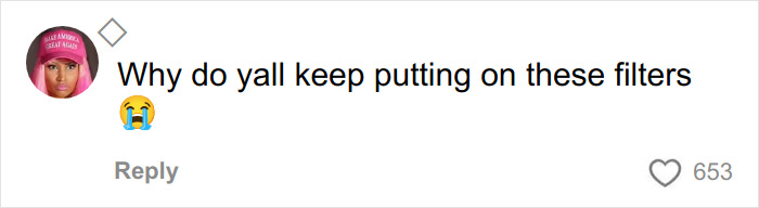 Comment on social media post expressing frustration about filters, with a profile picture of a person wearing a red cap.