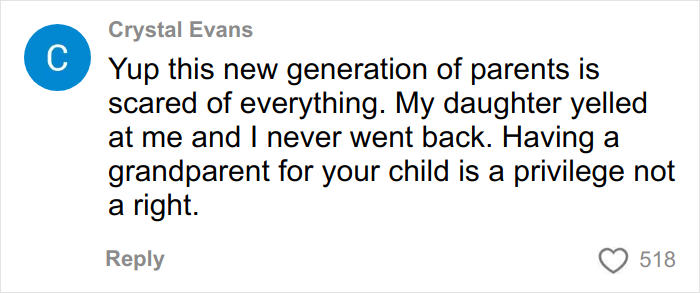 Comment by Crystal Evans discussing parents' fears and the privilege of grandparents for the baby and family interaction. Comment by Crystal Evans discussing parents' fears and the privilege of grandparents for the baby and family interaction.