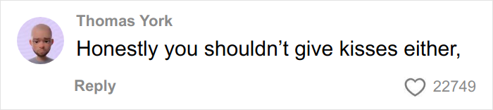 Comment by Thomas York advising against giving kisses, related to woman’s gentle reminder for grandma not to kiss her baby going viral.