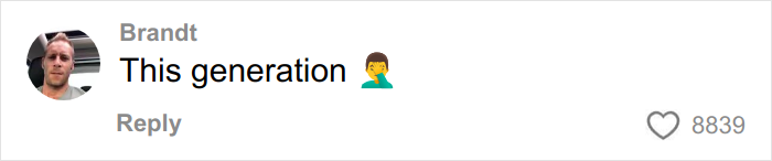 Comment by Brandt saying This generation with facepalm emoji, related to woman’s gentle reminder for grandma not to kiss baby going viral.