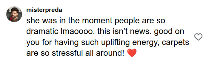 Comment by misterpreda sharing thoughts on dramatic reactions and praising uplifting energy amid stressful carpet events.