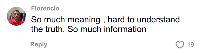 Comment by Florencio expressing difficulty understanding the truth and information, related to overused slang words and phrases.