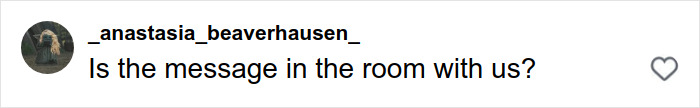 Comment from Instagram user anastasia_beaverhausen asking if the message is in the room with us, related to Timothée Chalamet's tone deaf message for fans in Ukraine backlash. Comment from Instagram user anastasia_beaverhausen asking if the message is in the room with us, related to Timothée Chalamet's tone deaf message for fans in Ukraine backlash.