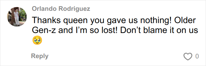 Comment from Orlando Rodriguez expressing frustration about overused slang words and confusion among older Gen-Z.