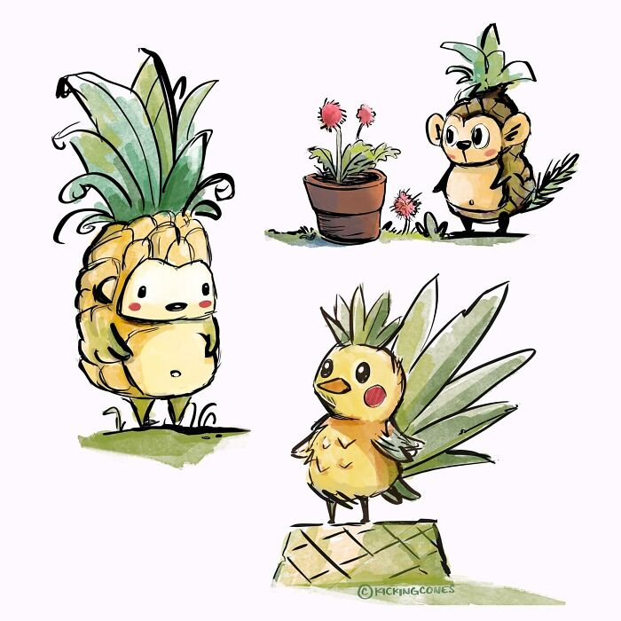 Wholesome wordplay with unexpected cute characters featuring pineapple-inspired animal illustrations by an imaginative artist.